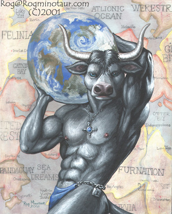 Atlas holds the weight of the fantasy realm that awaits you.  Do you wish him to guide you to Rog Minotaur's lair